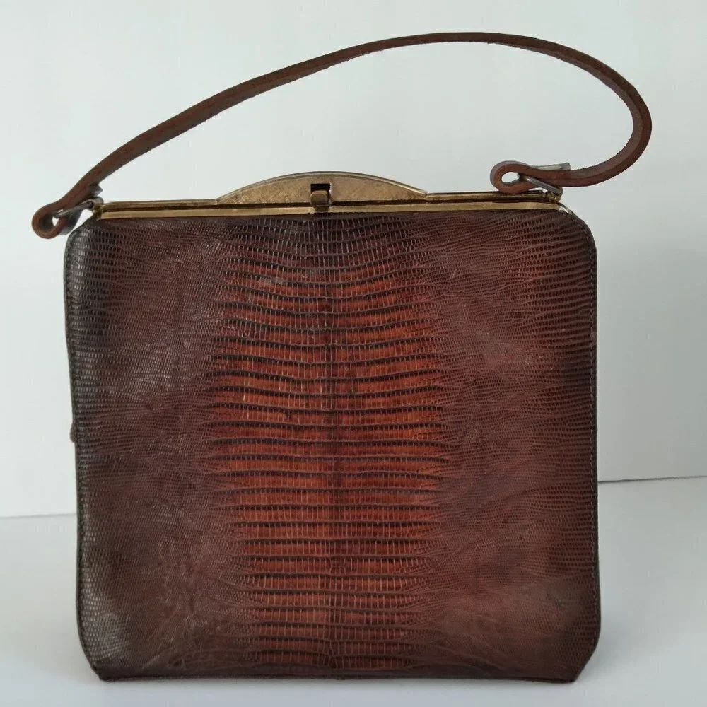 Vintage 1950's/60's Brown Lizard Structured Satchel Handbag